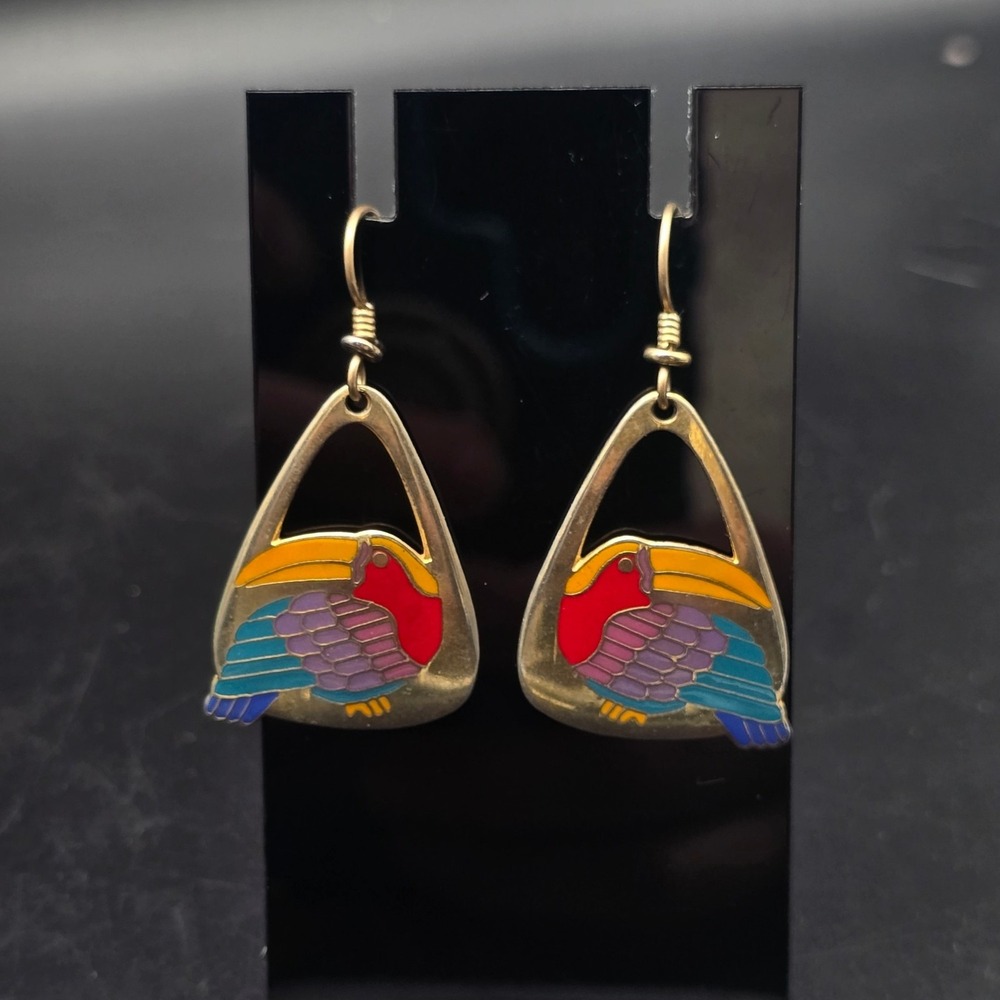 Laurel Burch Toucan Bird Earrings Colorful Enamel Gold Tone Vintage Jewelry
